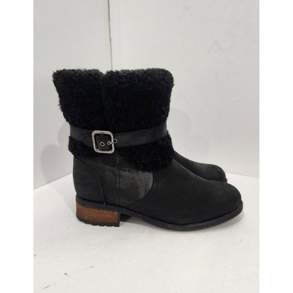 UGG Shoes - UGG Women Blayre II Black Leather Fur Boot US 6.5 Sheepskin Buckle winter boots